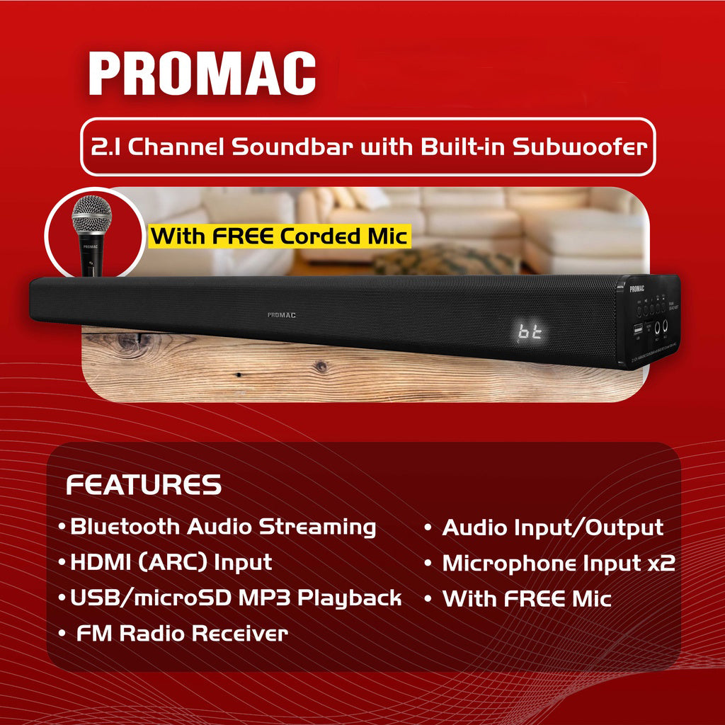 SB-K2142BT Karaoke Soundbar with Built-In Subwoofer and FREE Corded Mic